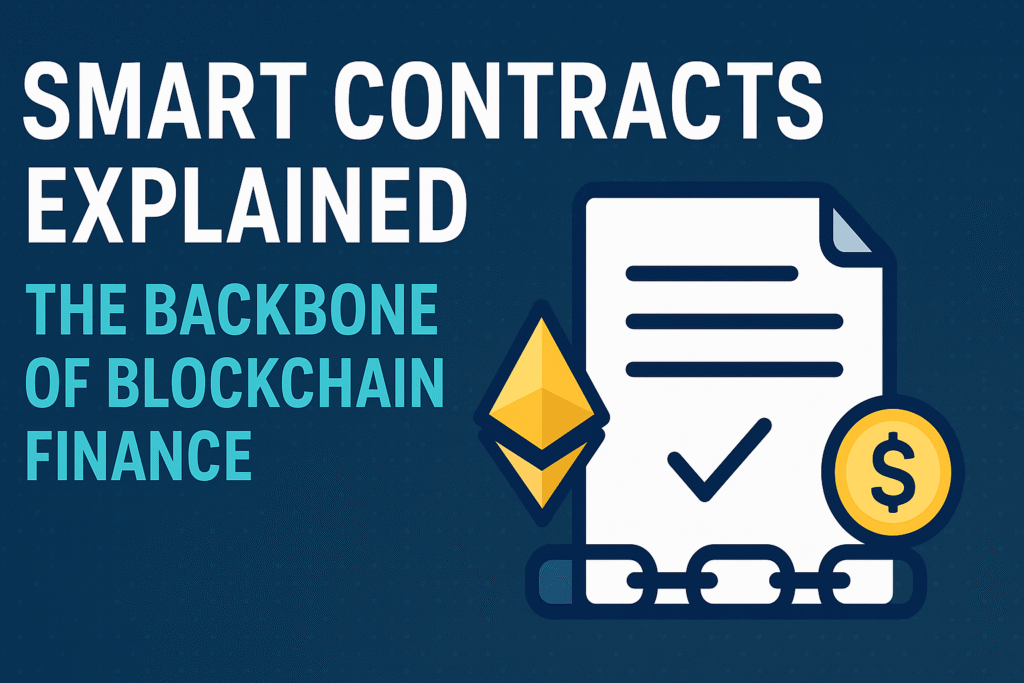 Smart contract illustration showing blockchain links, Ethereum logo, and finance icons on a blue background.