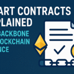 Smart contract illustration showing blockchain links, Ethereum logo, and finance icons on a blue background.