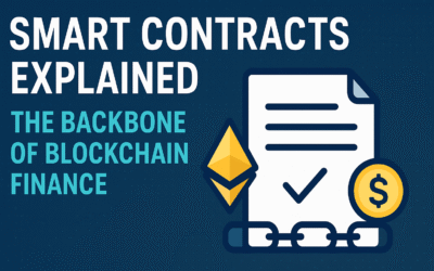 Smart contract illustration showing blockchain links, Ethereum logo, and finance icons on a blue background.