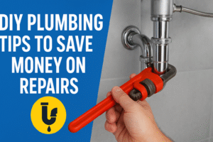 Person tightening a chrome plumbing pipe with a red wrench under a sink, representing DIY plumbing tips to save money on repairs.