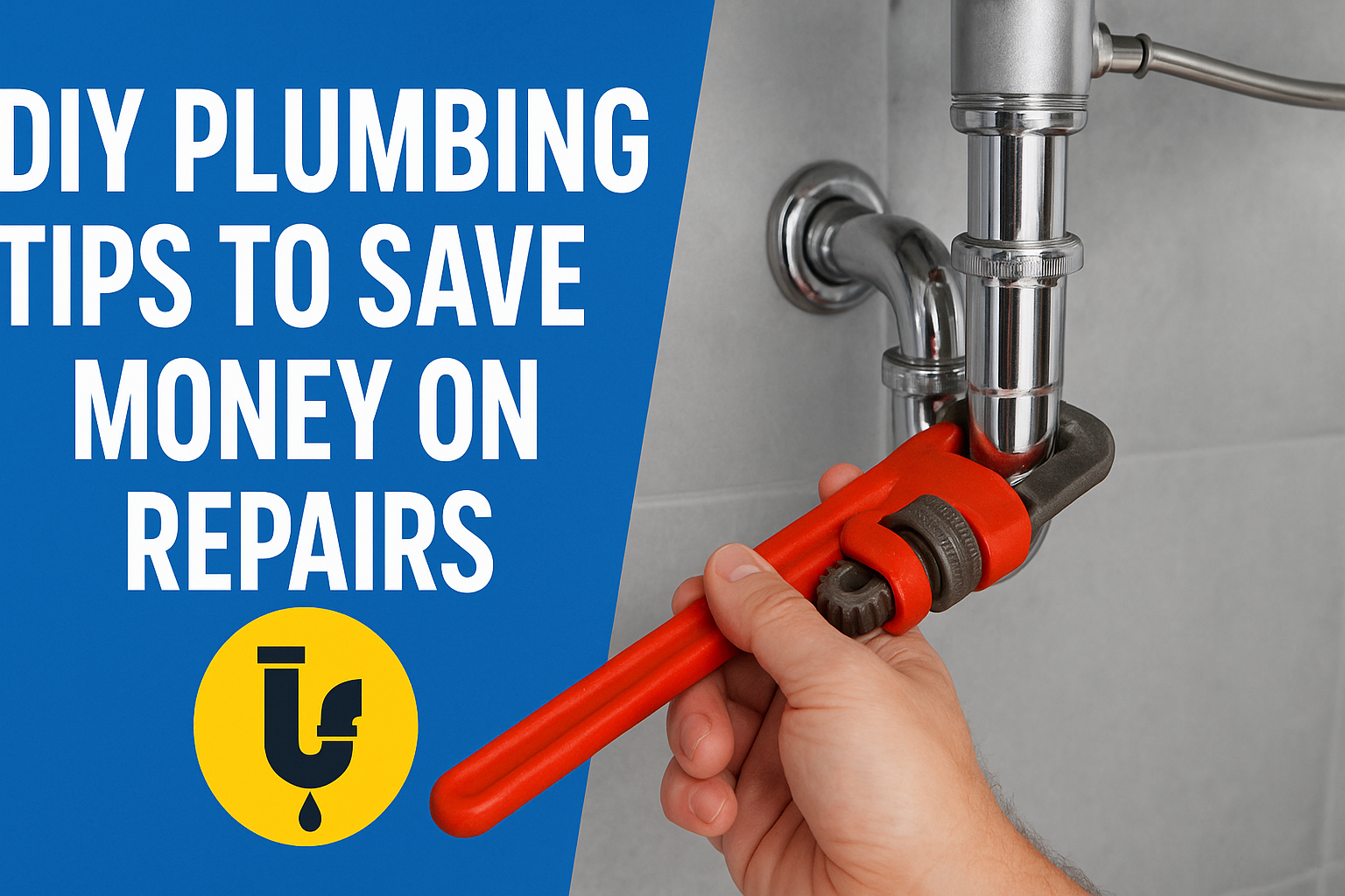 Person tightening a chrome plumbing pipe with a red wrench under a sink, representing DIY plumbing tips to save money on repairs.