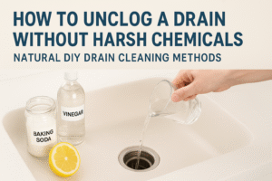 Person unclogging a sink drain using baking soda, vinegar, and hot water instead of chemical cleaners