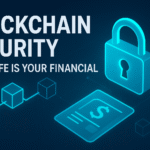 Illustration showing blockchain security concept with digital padlock, blockchain cubes, and financial document representing secure financial data.