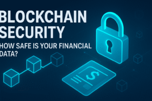 Illustration showing blockchain security concept with digital padlock, blockchain cubes, and financial document representing secure financial data.