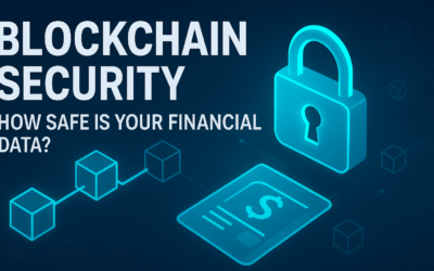Illustration showing blockchain security concept with digital padlock, blockchain cubes, and financial document representing secure financial data.