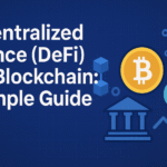 Illustration showing blockchain and cryptocurrency icons with the title "Decentralized Finance (DeFi) and Blockchain: A Simple Guide" on a blue digital background.
