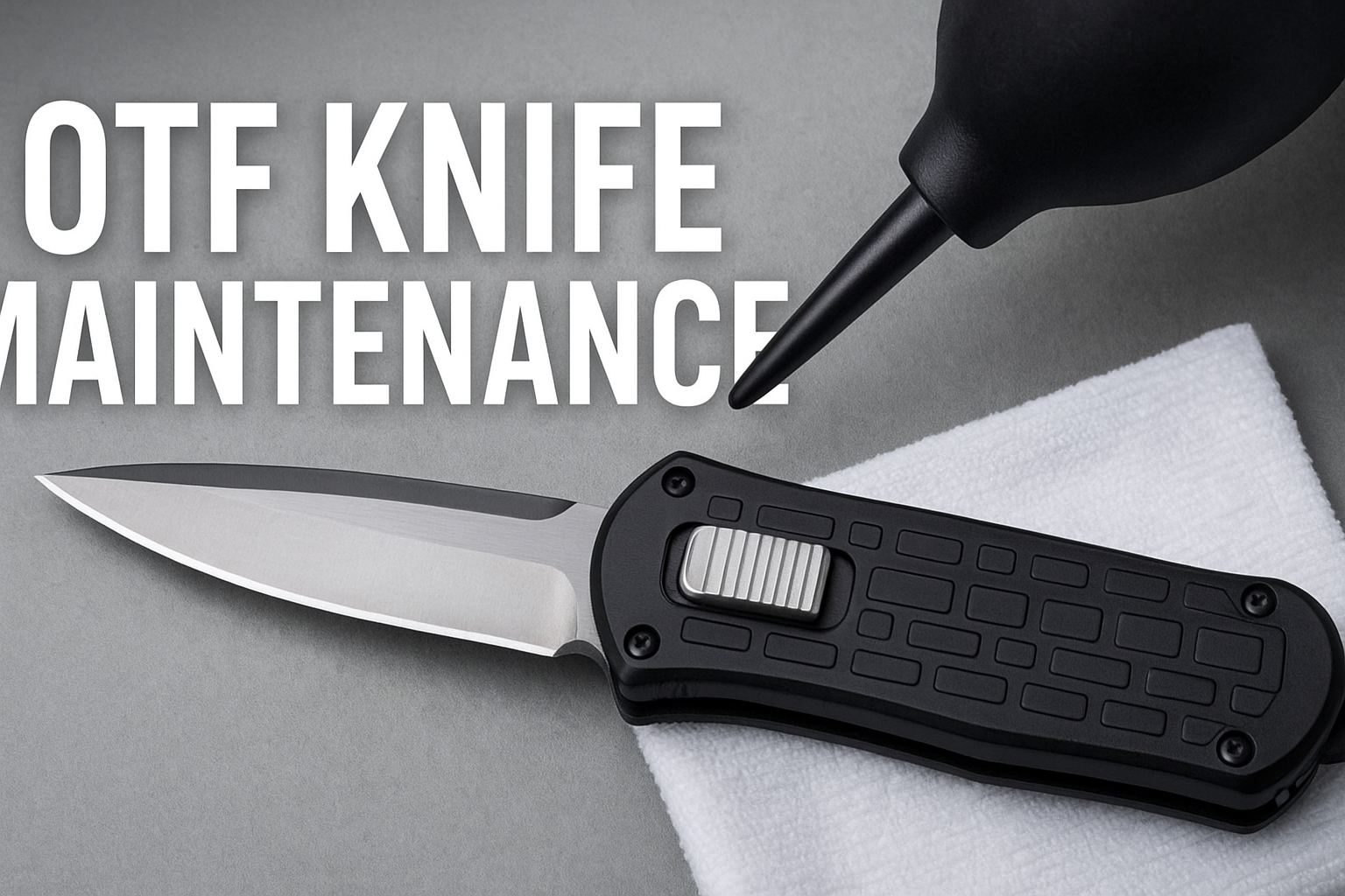 “Cleaning an OTF knife using compressed air to remove dust and debris from the blade channel.”