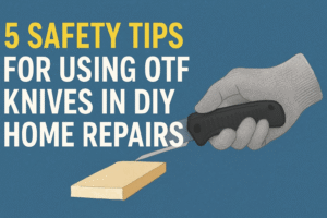 "Illustration of a hand holding an OTF knife while cutting wood, with text displaying ‘5 Safety Tips for Using OTF Knives in DIY Home Repairs’ on a blue background."