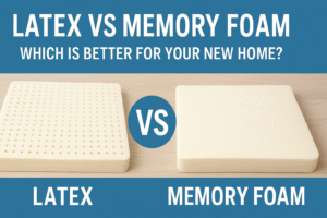 "Latex vs memory foam mattress pads side-by-side comparison showing perforated latex pad and smooth memory foam pad on a wooden surface with bold title."
