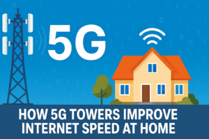 "Illustration of a 5G telecommunication tower transmitting signals to a house, representing how 5G improves home internet speed."