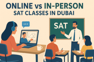 “Online vs In-Person SAT classes in Dubai comparison showing students studying digitally and in a classroom environment for SAT preparation.”